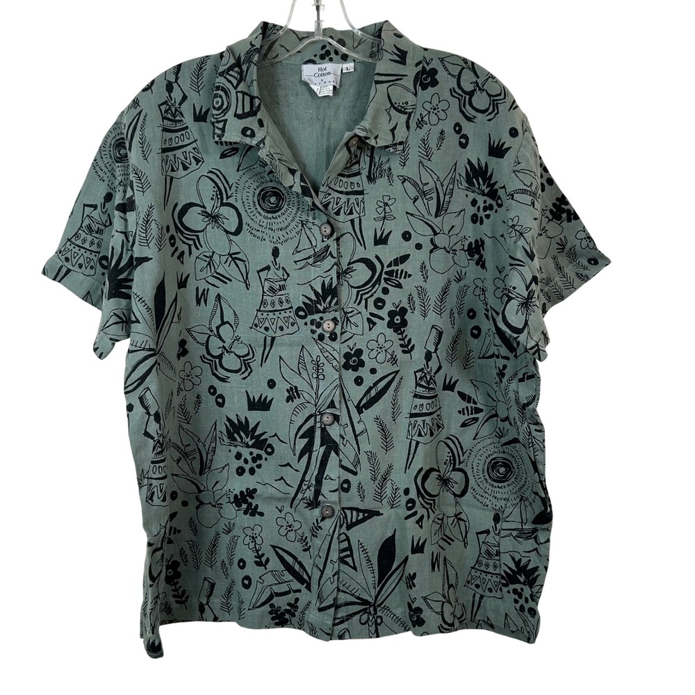 Hot Cotton by Marc Ware 100% Linen Tribal Print Button Down Shirt Sage Green L